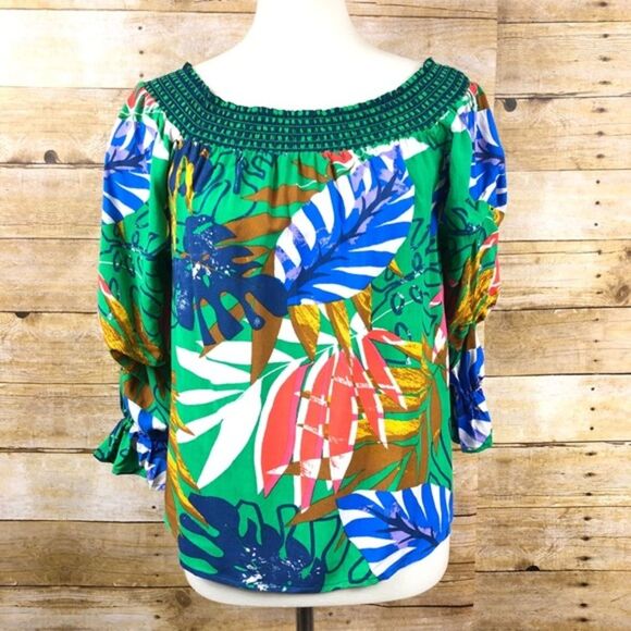 Jealous Tomato Green Tropical Leaf Print Blouse M - Picture 1 of 10